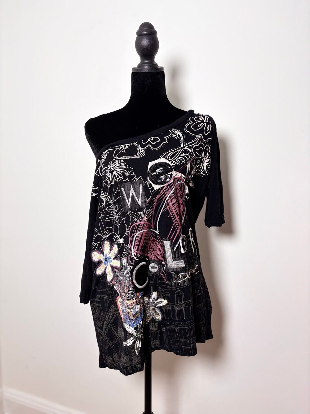 Vtg Y2K Desigual Black Boatneck Mixed Media Applique Sequined Euro Top